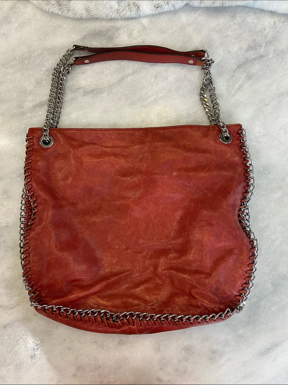 Michael Kors Red Leather Shoulder Bag with Silver Chain Trim